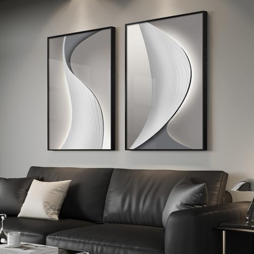 2 Piece Large Framed Modern Wall Art for Living Room, Abstract Minimalist Artwork Prints, Contemporary Silver Gray Wave Line Picture Paintings Decor for Bedroom Dining Room Office 24x36 Inch