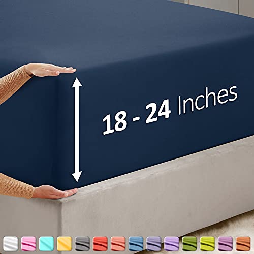 Image of Hearth & Harbor Extra Deep Pocket Twin Fitted Sheet - Fits 18 to 24 Inch Mattress - Ultra Soft 1800 Microfiber, Wrinkle-Free & Breathable - Hotel Luxury Fitted Sheet Only, Navy