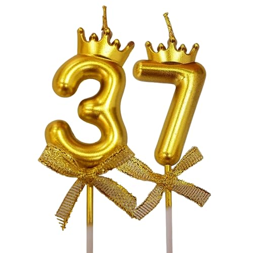 Image of 2 Pc 37 Number Candle for Birthday Cake Metallic 37th Birthday Cake Decoration Thirty Seven Candle with Crown on Top Cake Topper 0-9 Number Candles for Anniversary (Pack of 2, Gold)