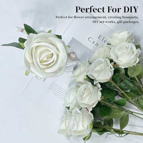 10 PCS Artificial Roses with Stems 50cm Long Fake Roses Silk Flowers Realistic Foam Flowers for Home Wedding Decorations (White) image 1