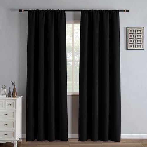 IGEMAEVE Black 100% Blackout Curtains 84 Inch Length 2 Panels Set, Black Out Curtains for Bedroom 84 Inch Long, Rod Pocket Energy Saving Room Darkening Drapes for Living Room Dining Room Window