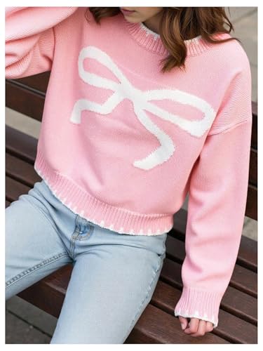 SweatyRocks Girl's Cute Bow Sweater Crew Neck Long Sleeve Drop Shoulder Pullover Knit Top3