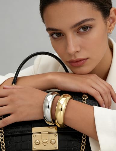 Image of Chunky Gold Bangle Bracelets for Women, Dainty 14k Gold Plated Big Stackable Bangles Set, Trendy Statement Cuff Bracelet Stack Fashion Jewelry Gifts