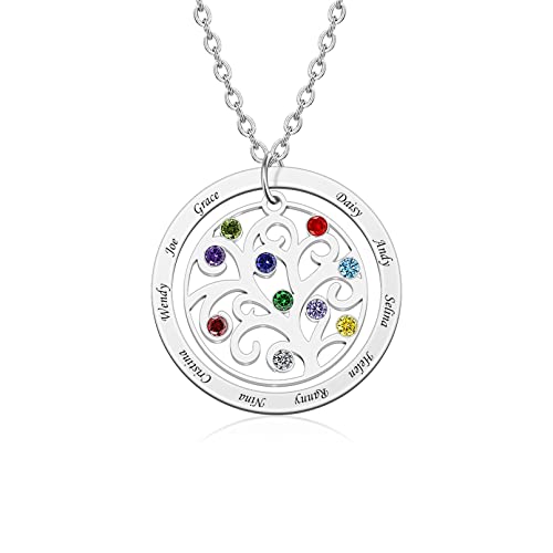 Tree of Life Necklace Family Tree Birthstone Necklaces Personalized Mother Necklaces with Name Grandmother Necklace with 1-11 Simulated Birthstones Necklace for Woman