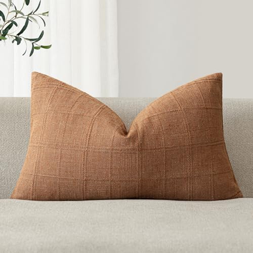 Image of Foindtower Set of 1 Decorative Linen Check Throw Pillow Cover Neutral Farmhouse Lumbar Cushion Cover Modern Boho Home Decor for Sofa Chair Couch Bedroom Living Room,12x20 Inch,Orange
