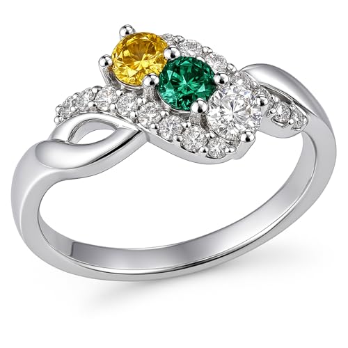 | Personalized Swirl Colorful CZ Ring | 3 Birthstones Engagement Ring | Valentine's Day Jewelry | Personalized 14K White Gold Wedding Ring Jewelry for Women