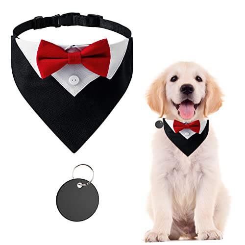 URROMA Red Formal Tuxedo Bandana, Cotton Wedding Collar With Bow Tie and Neck Tie for Dogs and Cats M