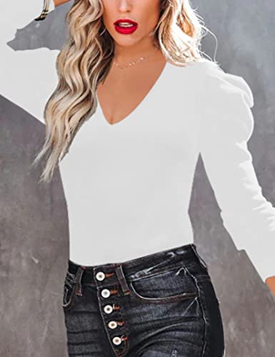 Image of Amarmia Women's Long Puff Sleeve Knit Pullover Sweaters Casual V Neck Ribbed Solid Soft Slim Fit Sweater Blouse Tops