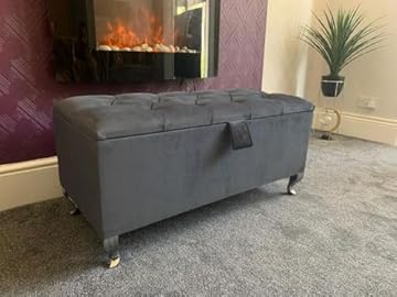 SK LUXURY LIVING Ottoman Storage Box - Engineered Wood Fabric Buttons Luxurious Plush Velvet Ottoman Storage Bench, Perfectly Designed Ottoman for Bedroom Storage (Steel Plush, Legs)