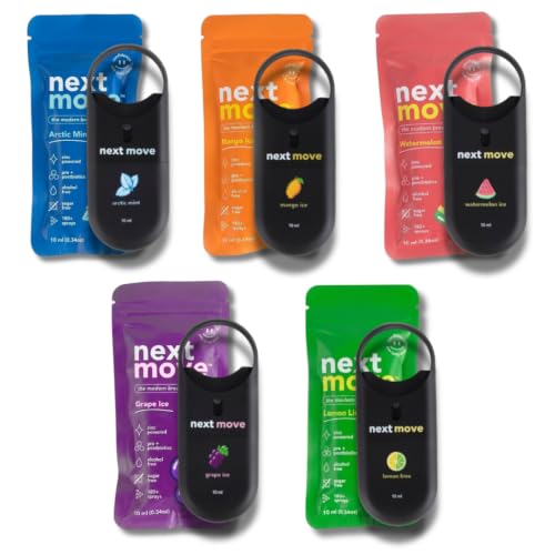 Next Move Breath Spray | Discovery Set 5 Flavors (Arctic Mint Watermelon Ice Grape Ice Mango Ice Lemon Lime) | Probiotic Zinc Oral Spray | Bad Breath & Halitosis | Sugar-Free Alcohol-Free Vegan
