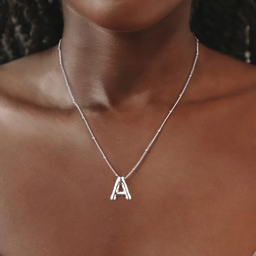 Silver Letter Necklace for Women, Sterling Silver/14K Gold Balloon Initial A-Z Pendant Necklace Trendy Dainty Satellite Bead Chain Necklace Personalized Custom Jewelry Gifts for Women2