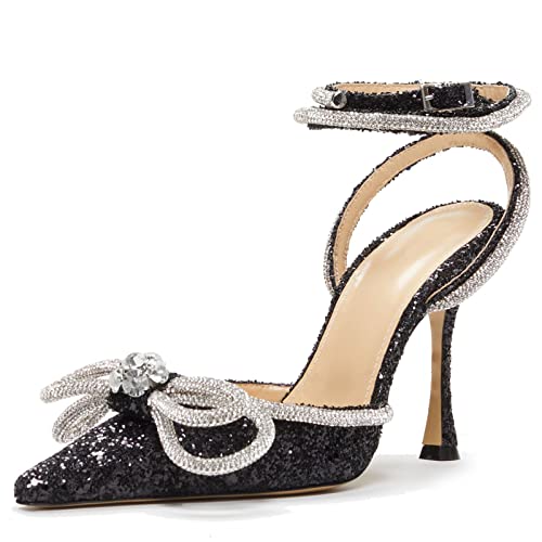 Women's Heeled Sandals Pointed Toe Crystal Heart Glitter Pumps Rhinestones Embellished Ankle Strap Slip-On Stilettos Wedding Party Dress Shoes