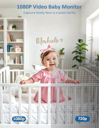 Image of 1080P 5'' Baby Monitor with 32 Hours 5000mAh Battery, Pan Tilt 4X Zoom Video Baby Monitor with Camera and Audio, Night Vision, VOX, 2-Way Talk, 8 Lullabies,1200ft Range No WiFi