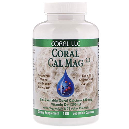 Coral Cal-Mag - Bioavailable Coral Calcium with Magnesium in a 2:1 Ratio and 1200 International Units of Vitamin D3 - 180 Vegetarian Capsules