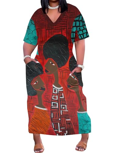Image of Plus Size Maxi Dress for Women Short Sleeve V Neck Casual Loose Sundress with Pockets