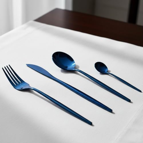 Image of 12 Pcs Blue Slim Handle Stainless Steel Cutlery Set for Dining Table with Spoons and Forks Set + Butterknives - The Perfect Tableware /Flatware