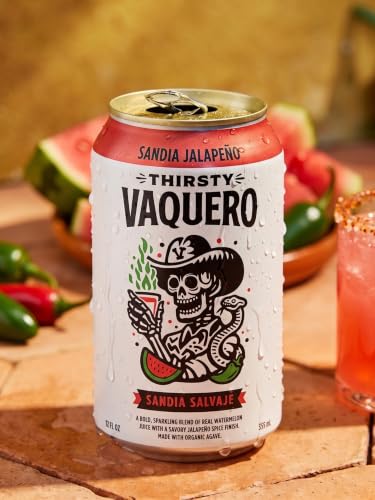 Image of Thirsty Vaquero, Watermelon Jalapeno Flavored soda (Sandia Salvaje), Mexican-inspired soda, Real Fruit Juice & Savory Spices, Made with Organic Agave, Low Calorie, Natural Juice, 12 oz Cans, 4-Pack