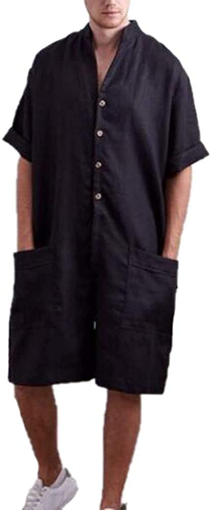 Dungarees with Pockets Men's Cotton and Linen Jumpsuit Overalls Super Baggy Short Onesies Rompers (Black,L,L)