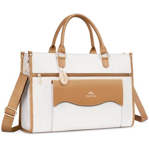 MATEIN Eco-Friendly Laptop Tote Bag, 14 Inch Laptop Bag Sustainable Recyclable Work Tote Bag Compatible with Macbook&Makeup Organizer Pockets, Computer Briefcase with RFID for Teacher, Commute, Beige