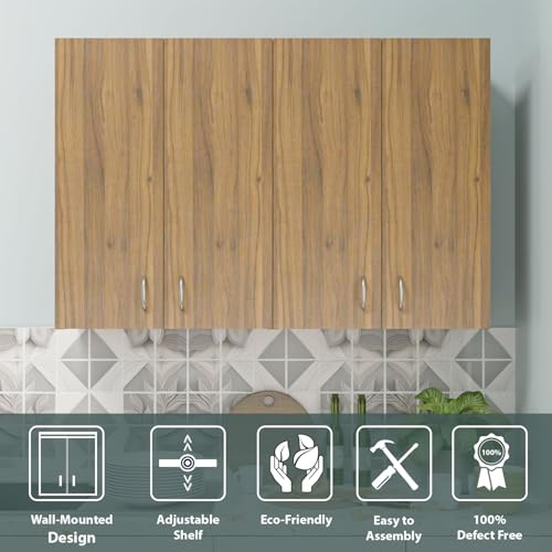 Image of VIKI Furniture |Pivot Modular Kitchen Wall Cabinet - 4 Door Cabinet | Space Saving Rack for Spices | DIY Home Storage Cupboard (Brussel Walnut - 30D x 160W x 80H cm) | 1 Year Warranty