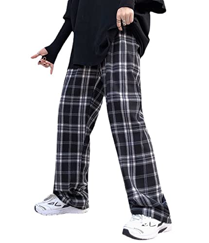 Frauen Karierte Hosen Hohe Taille Weite Beinhosen Korean Fashion Vintage (Black,XL) Cover