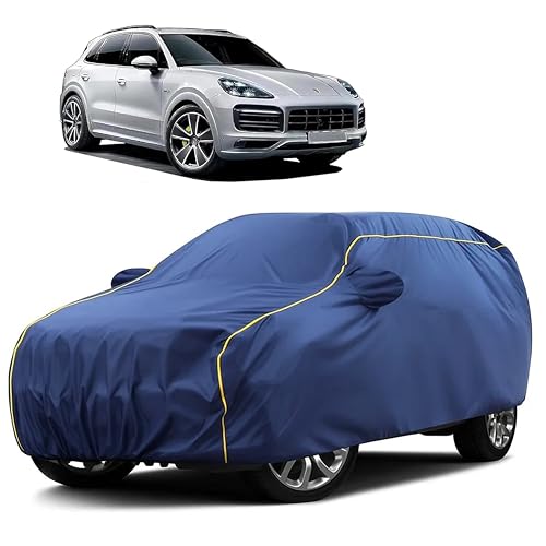 Image of Sulfar 100% Water Resistant Car Body Cover Compatible with Mirror for Porsche Cayenne (Triple Stitched, Full Bottom Elastic, Blue Taffeta with Yellow Piping)