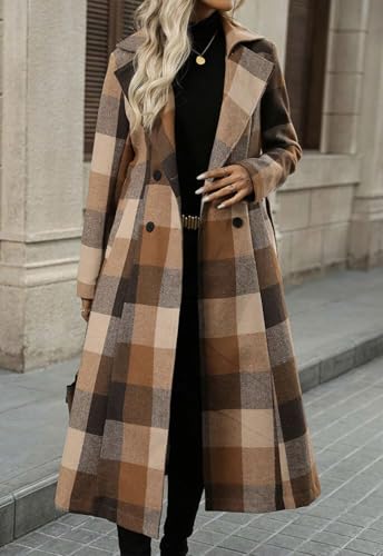 ebossy Women's Elegant Wool Plaid Notch Lapel Double Breasted Maxi Woolen Overcoat Belted Peacoat with Pockets3