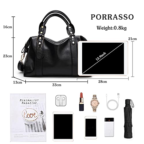 PORRASSO Elegant Ladies Shoulder Crossbody Top-Handle Work Travel Dating Boston Bag - Waterproof PU Leather Black3