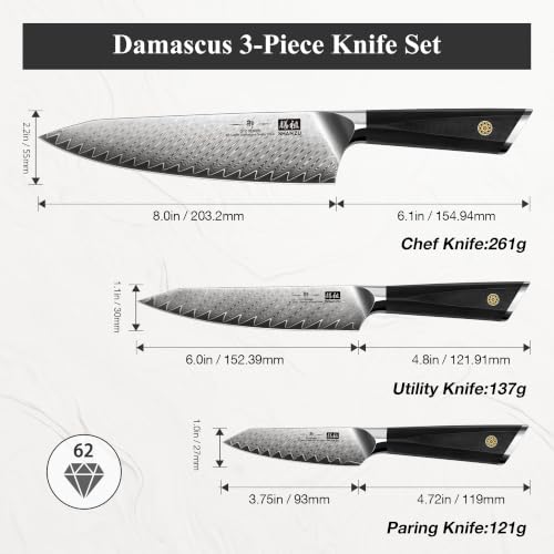 Image of SHAN ZU 3 PCS Damascus Knife Set, Kitchen Knife Set in Damascus Steel