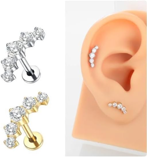 G23 Titanium CZ Climber Flat Back Stud Earrings for Women 18G Internally Threaded Cartilage Conch Helix Earring Studs Sparkling Labret Monroe Lip Rings Medusa Piercing Jewelry Hypoallergenic - Image 4