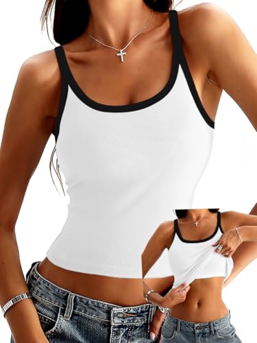 Danysu - Camiseta de tirantes para mujer con sujetadores incorporados, cuello redondo, acanalada, ajustada, con tirantes cruzados, estilo halter, Blanco (Block White), XS