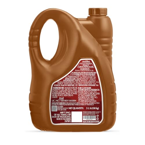 Image of Amazon Brand - Vedaka Wood Pressed Peanut Oil 5L | Cooking Oil | Groundnut Oil | Kolhu, Kacchi Ghani, Mara Chekku, Ganuga | Rich Aroma & Flavour Of Groundnuts