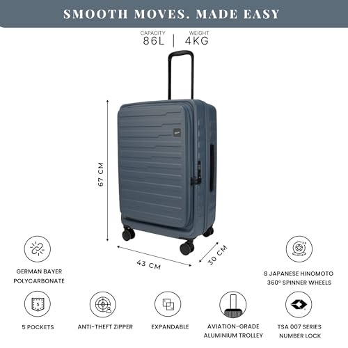Image of F Gear Sedona Medium 65cm German Polycarbonate Hard Luggage|8 Japanese Hinomoto Silent Wheels |Expandable Check-in Front Opening Suitcase for Travel| Anti-Theft Zipper, TSA 007 Lock (Stone Blue)