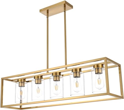 A1A9 Farmhouse Chandeliers for Kitchen Island, Brushed Brass 5-Light Dining Room Lighting Fixtures, Modern Rectangular Pendant Lighting Chandelier with Clear Glass Shade (Gold, 5-Lights)