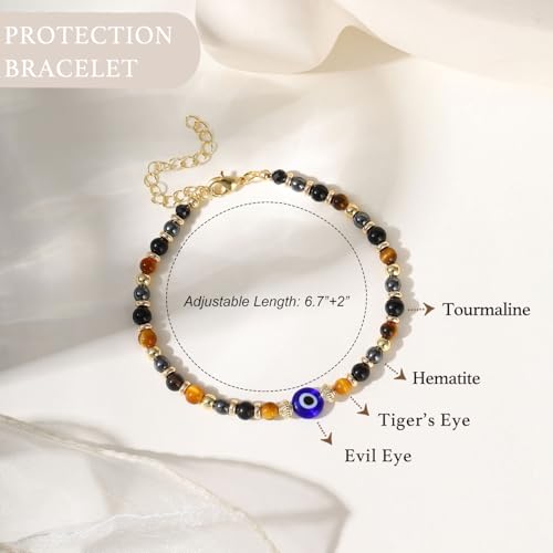 Image of Triple Threat Protection Anxiety Relief Gifts for Women,Natural Healing Crystal Bracelet Evil Eye Jewelry for Her Friends