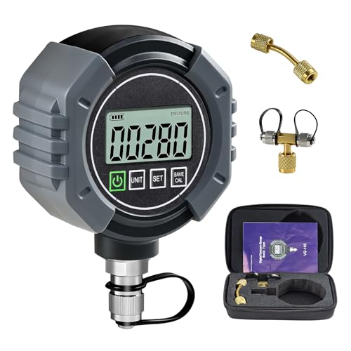 Digital Vacuum Gauge HVAC Micron Gauge Tester 0-75000 Microns HVAC Vacuum Pressure Gauge with Audible Alarm 7/16-20 UNF 1/4 SAE Port Backlit LCD T-Connector&Extension Adapter for AC Refrigeration