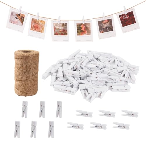 100Pcs Mini Wooden Clothespins with Jute Twine