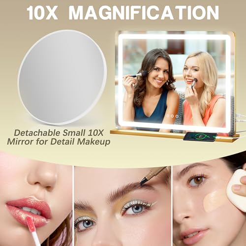 Image of ROLOVE 23 inchx18 inch Gold Vanity Mirror with Lights, Large Lighted Makeup Mirror with 10X Magnifier, 3 Color Lighting & Stepless Dimming, Wall Mounted or Tabletop Desk Mirror for Bedroom
