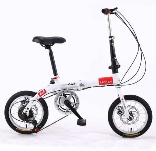 折りたたみ自転車 14インチ 6段変速自転車 コンパクト 収納 軽量 ディスクブレーキ 高さ調整可能 大人から若者まで 街乗り 通勤 折りたたみ自転車 軽量アルミフレーム 小径車 シティバイク アウトドア車、ギフト (ホワイト)