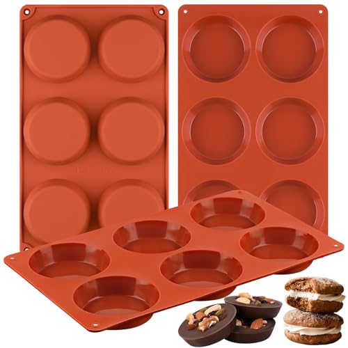 Sakolla 3 Pack Muffin Top Pans 6 Cavities Silicone Egg Molds for Breakfast Sandwiches Whoopie Pies Hamburger Bun English Muffins Tarts Corn Bread (Brick Red)