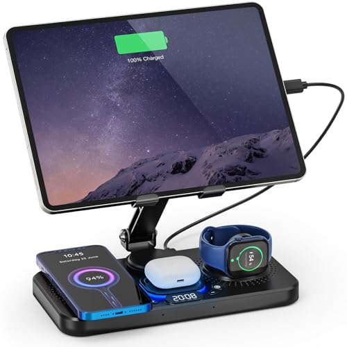 Padwa Lifestyle Tablet Ständer mit kabelloser Ladefunktion, iPad Halterung für Schreibtisch – 4-in-1 Ladestation mit RGB-Beleuchtung & Uhr, Verstellbarer Tablet-Halter für iPad, iPhone, AirPods