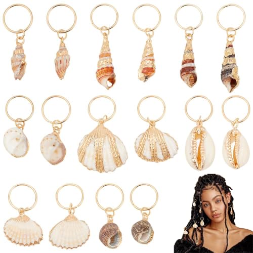 PLIGREAT 16 Pcs Seashell Conch Dreadlock Rings Charms Set, DIY Locs Accessories