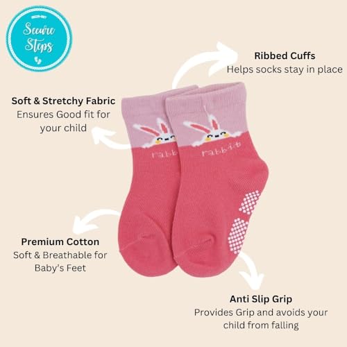 Image of Baby Girl Socks Anti Skid Pack of 4 | Cotton Non Slip Grip Baby Socks for Newborn Babies & Infants | Soft Breathable Baby Socks 0-3, 3-6, 6-12 Months