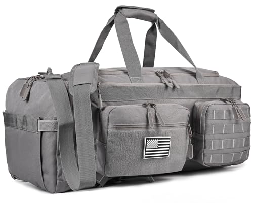 Image of LHI 50L Tactical Duffle Bag for Men, 3-in-1 Gym Duffle and Backpack, Shoe Compartment, Laptop Sleeve and MOLLE, Carry-On Travel Weekender and Overnight Bag - Gray