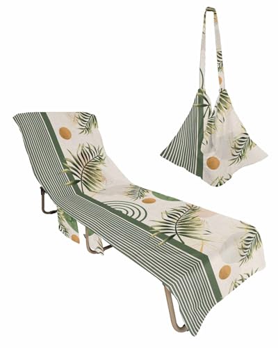 Abstract Leaves Beach Chair Towel Covers for Chaise Lounge with Side Pocket, Soft Plush Pool Towels Cover for Patio Sunbathing Outdoor 29''x85'' Boho Middle Century Vintage Sun Geometric