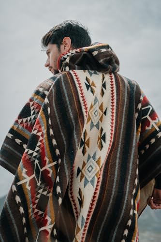 Image of Alpaca Mens Poncho with Hood - Cowboy Serape Western Poncho - Clint Eastwood Poncho for Men - Ecuadorian Cloak with Hood Men