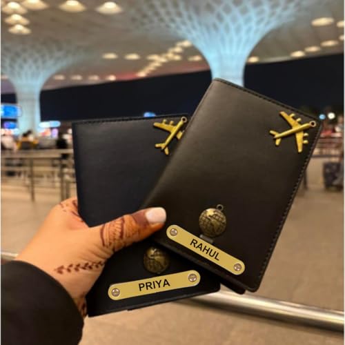 Image of ncgifts Personalised Passport Cover for Couple | Set of 2 PU Leather Customised Passport Holder with Name & 80+ | Charms Premium Gift Box | Anniversary, Wedding, Honeymoon Gift | 6+ Colours