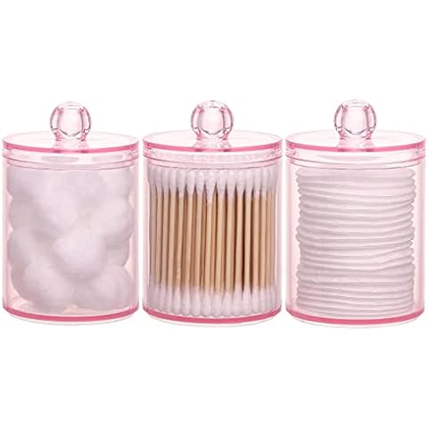 Tbestmax 3 Pack Cotton Swab Ball Pad Holder, 10 Oz Qtip Apothecary Jar Pink Makeup Organizer, Bathroom Containers Dispenser Cover