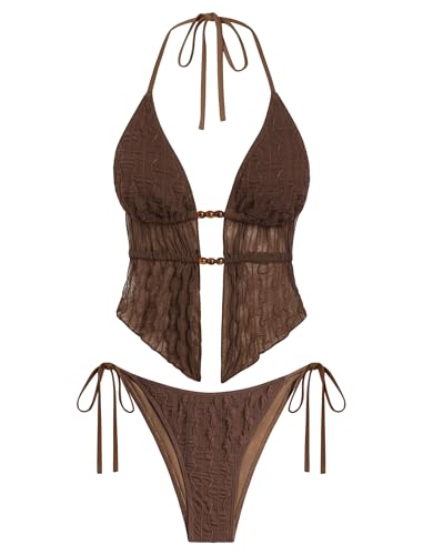 Image of ZAFUL Halter Swimsuits for Women Textured Backless 2 Piece Bathing Suits Cheeky High Cut String Tie Side Bikini Sets