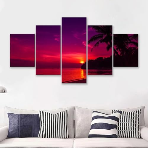 Coucher de soleil esthétique salon décor avec grand poster mural en toile 5 pièces